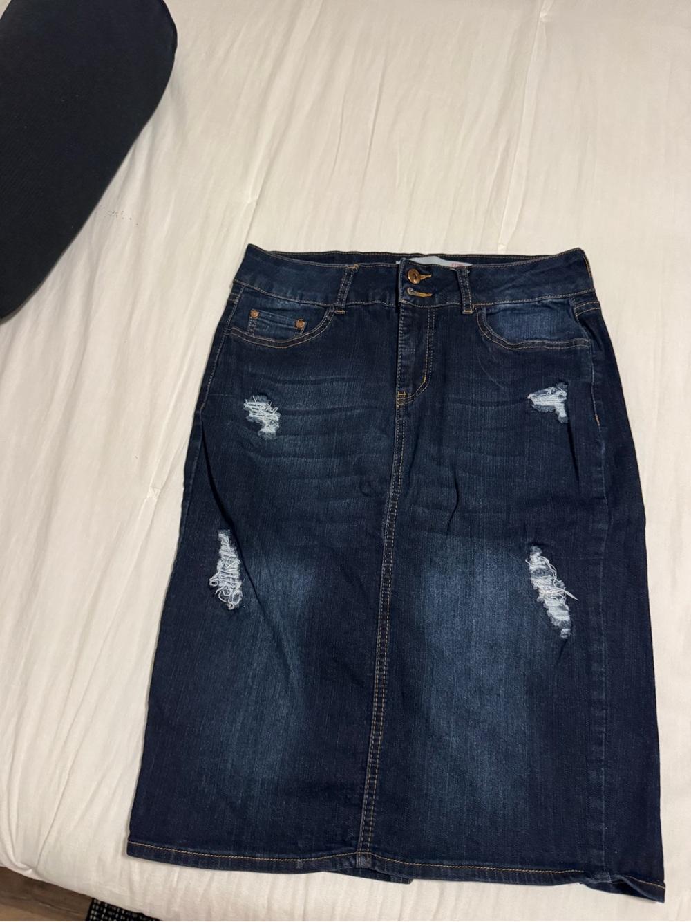 Dark Wash Distressed Denim Pencil Skirt - Women